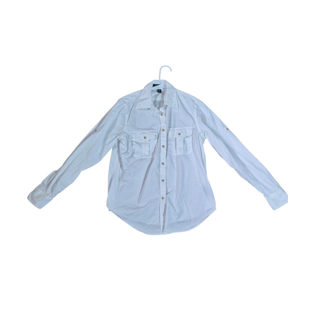 Lauren Ralph Lauren White Cotton Utility Button Down Shirt Roll Tab Sleeve Small